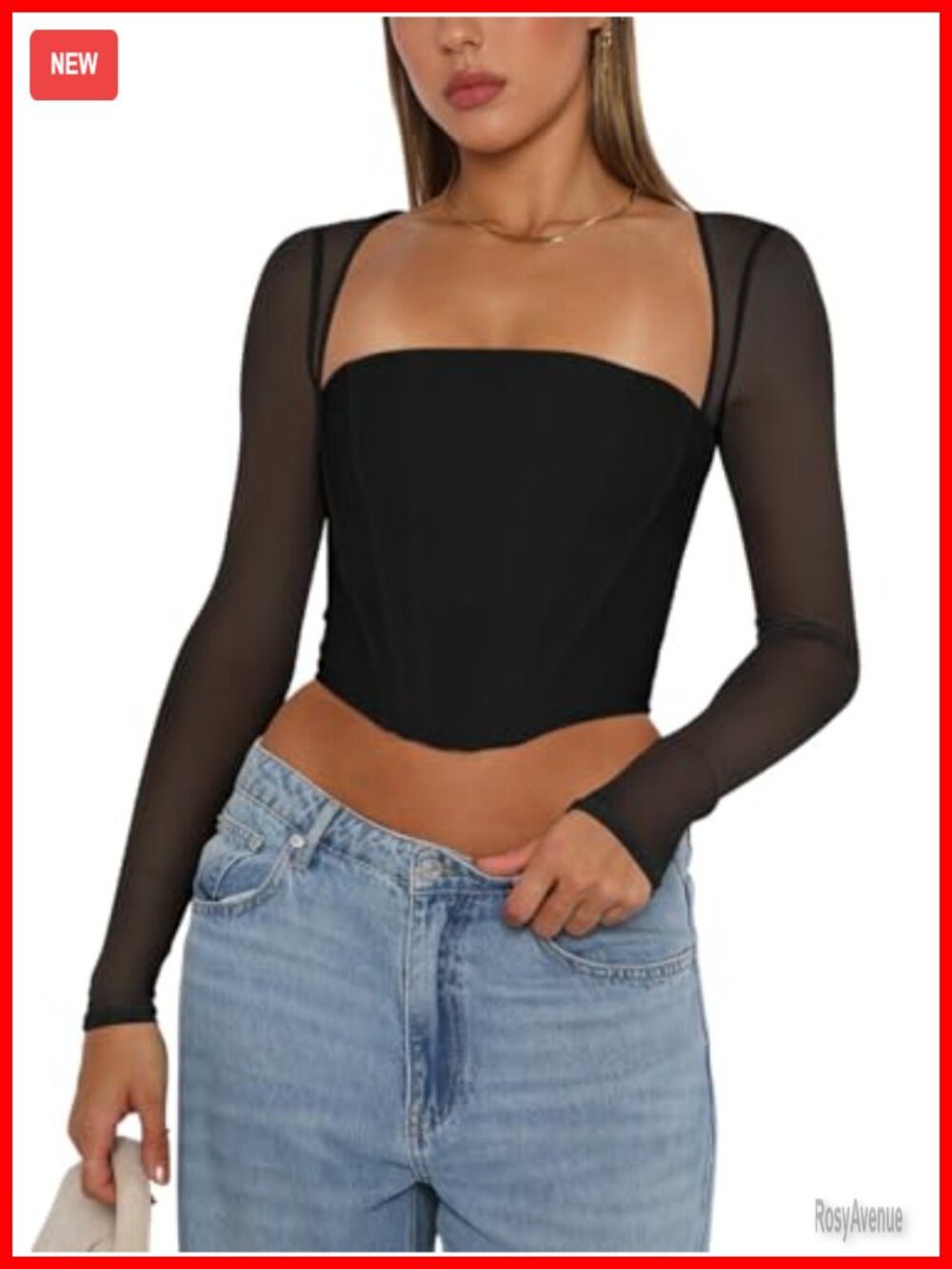 REORIA Womens Sexy Mesh Long Sleeve Boned Y2k Going Out Corset Bustier Top